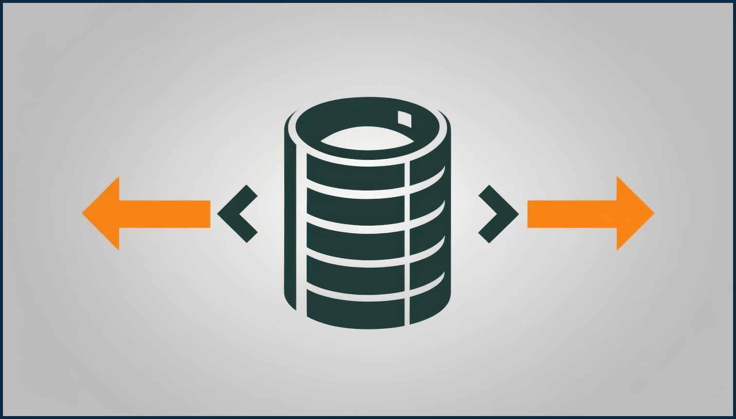 A dark green database logo with orange arrows pointing to the sides