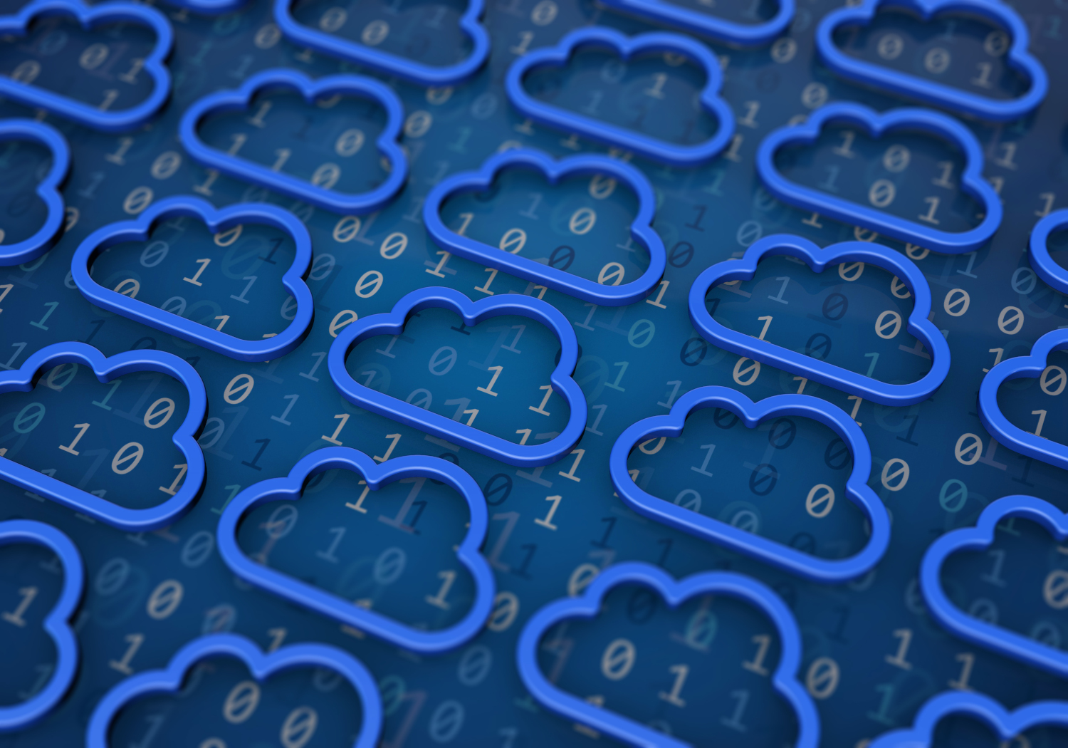 Several rows of cloud outlines with binary code behind them