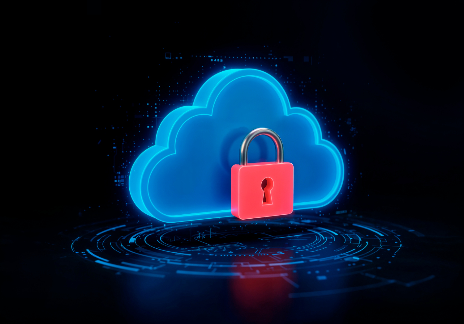 A blue cloud outline with a red padlock in front of it