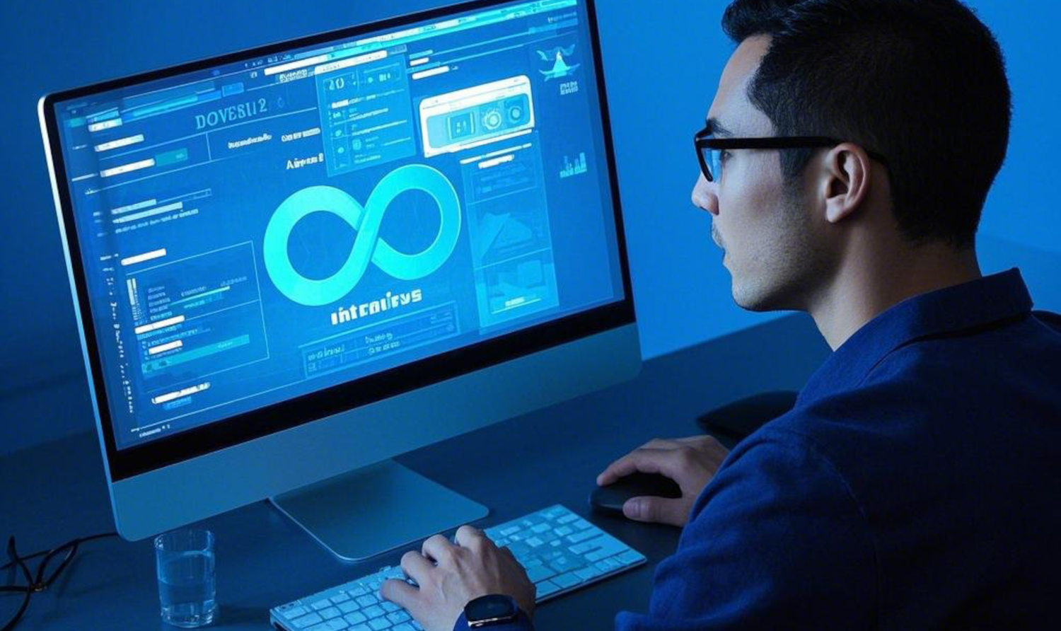 A man in a blue shirt working on a computer with a prominent DevOps symbol on the screen