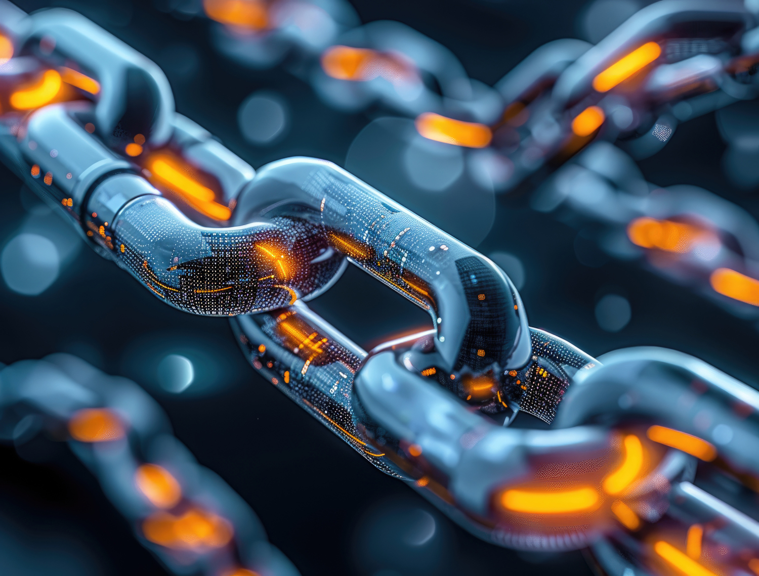 A series of shiny metal chains with orange lighting reflecting off of them