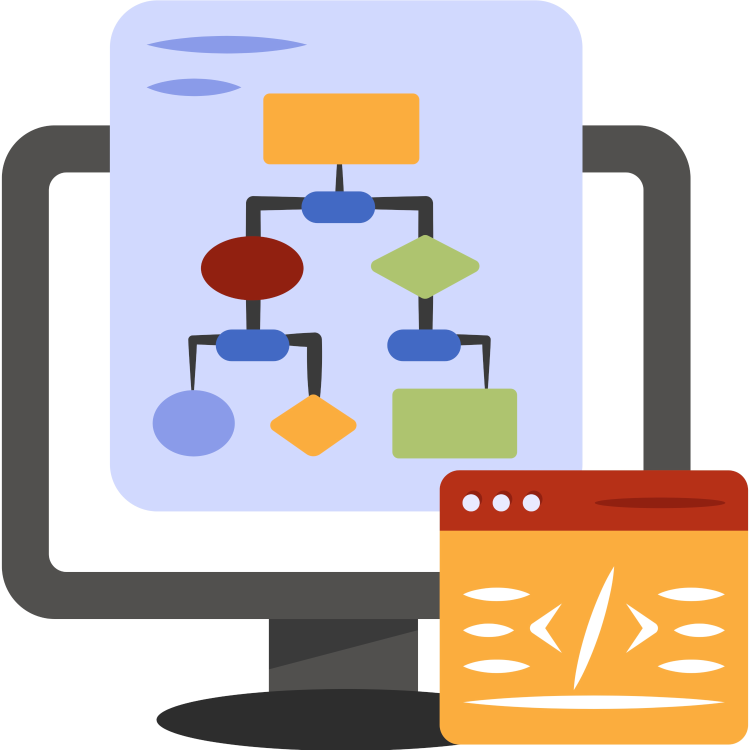 An illustration of a computer screen with workflow symbols in front of it