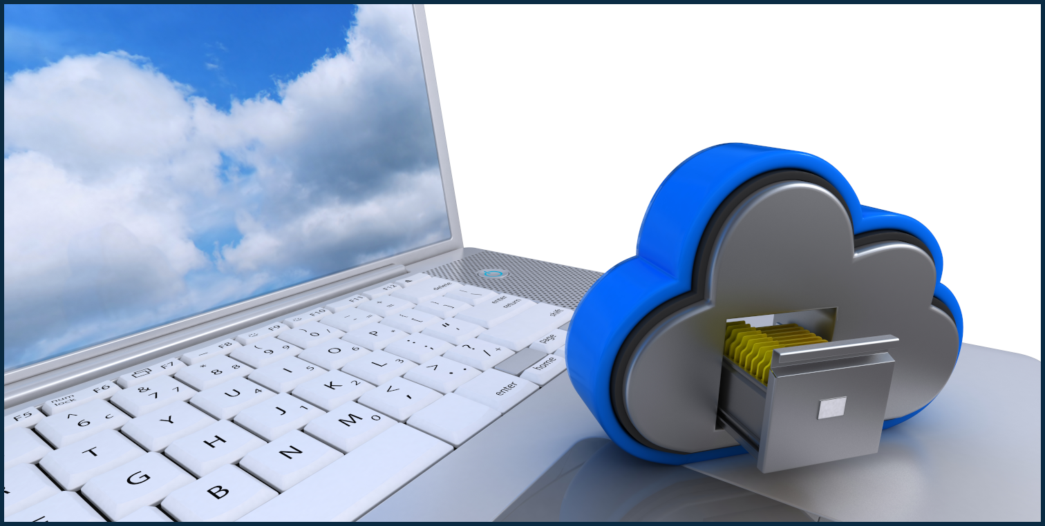 A 3d cloud illustration with a file drawer in it sitting beside a laptop