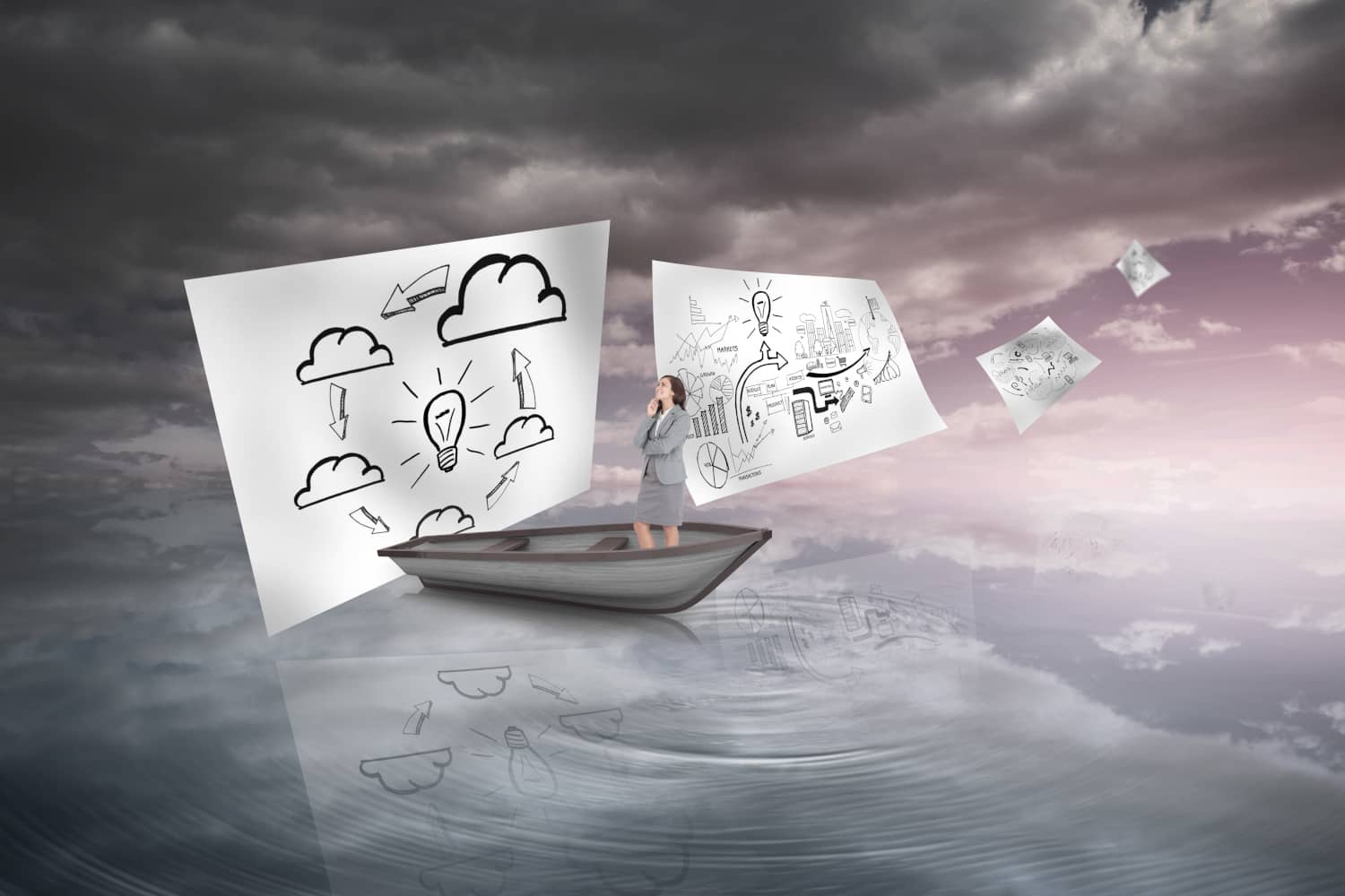 A woman in a boat surrounded by diagrams on paper that are blowing away one at a time