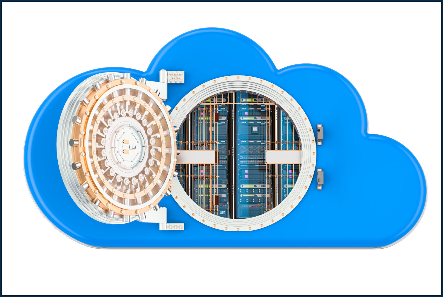 Illustration of a cloud with an open vault door showing a circuit board inside
