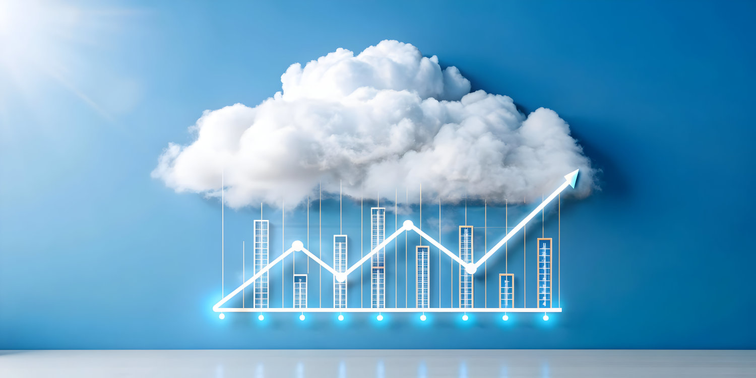 A graph trending upwards under a cloud on a blue background
