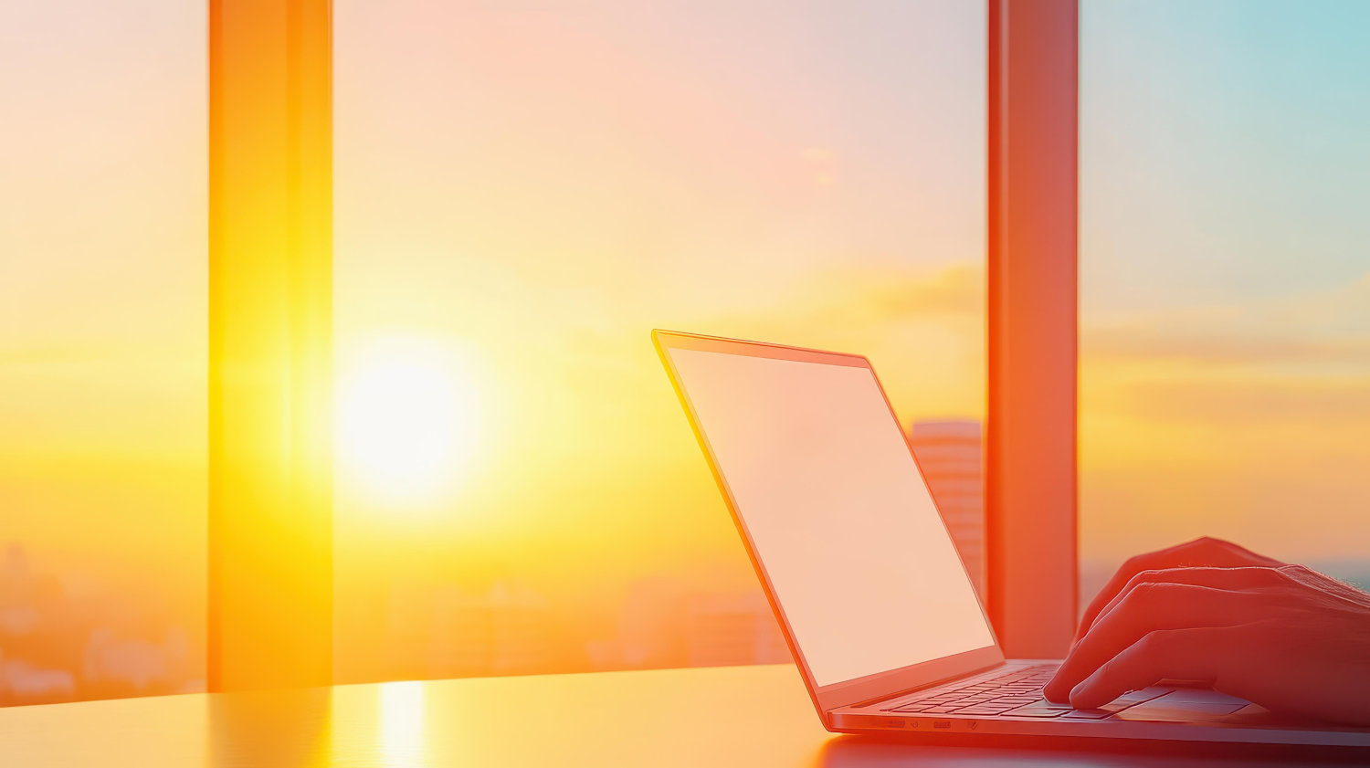 Hands on a keyboard with bright sunshine through a window