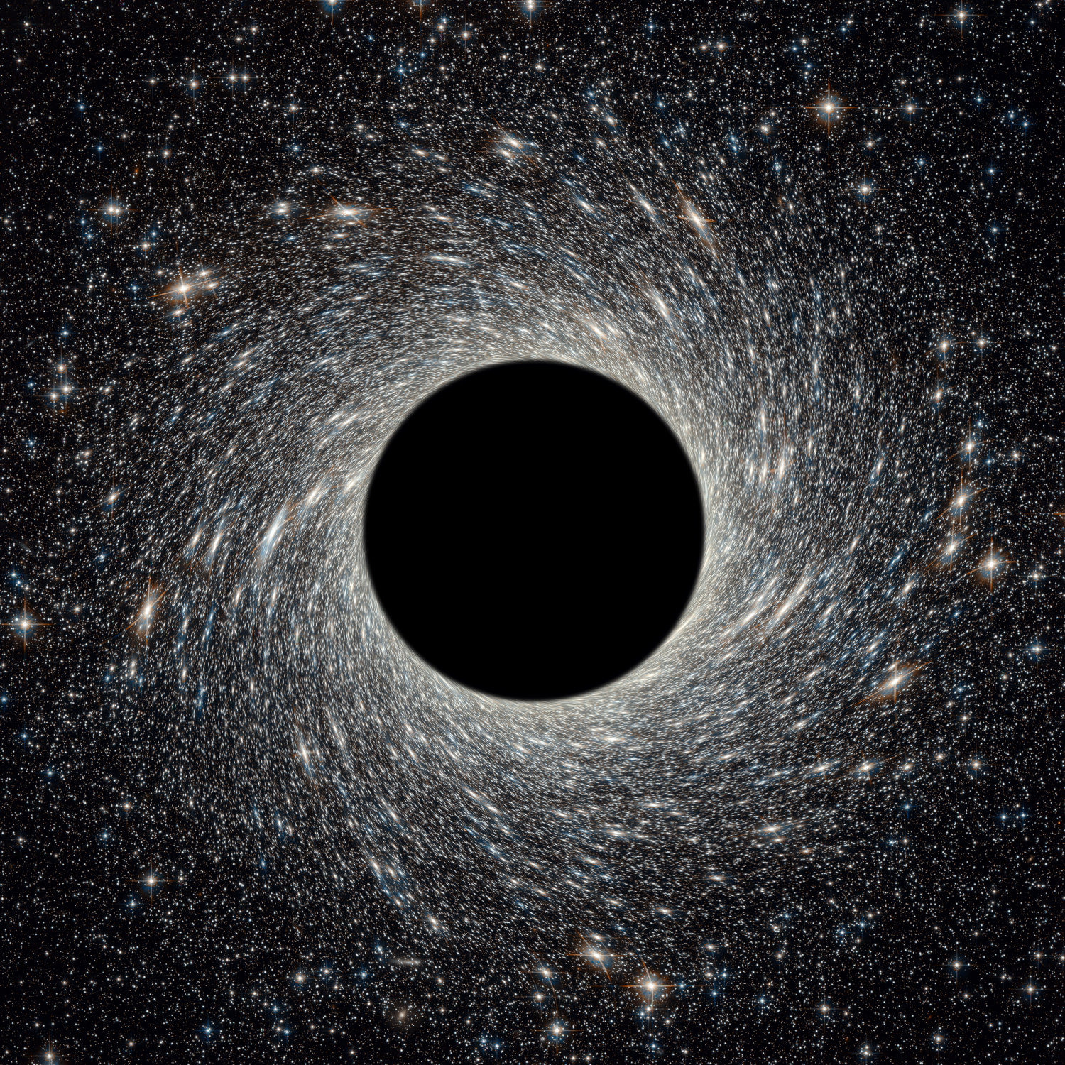 An image of a classic round black hole with stars swirling into it