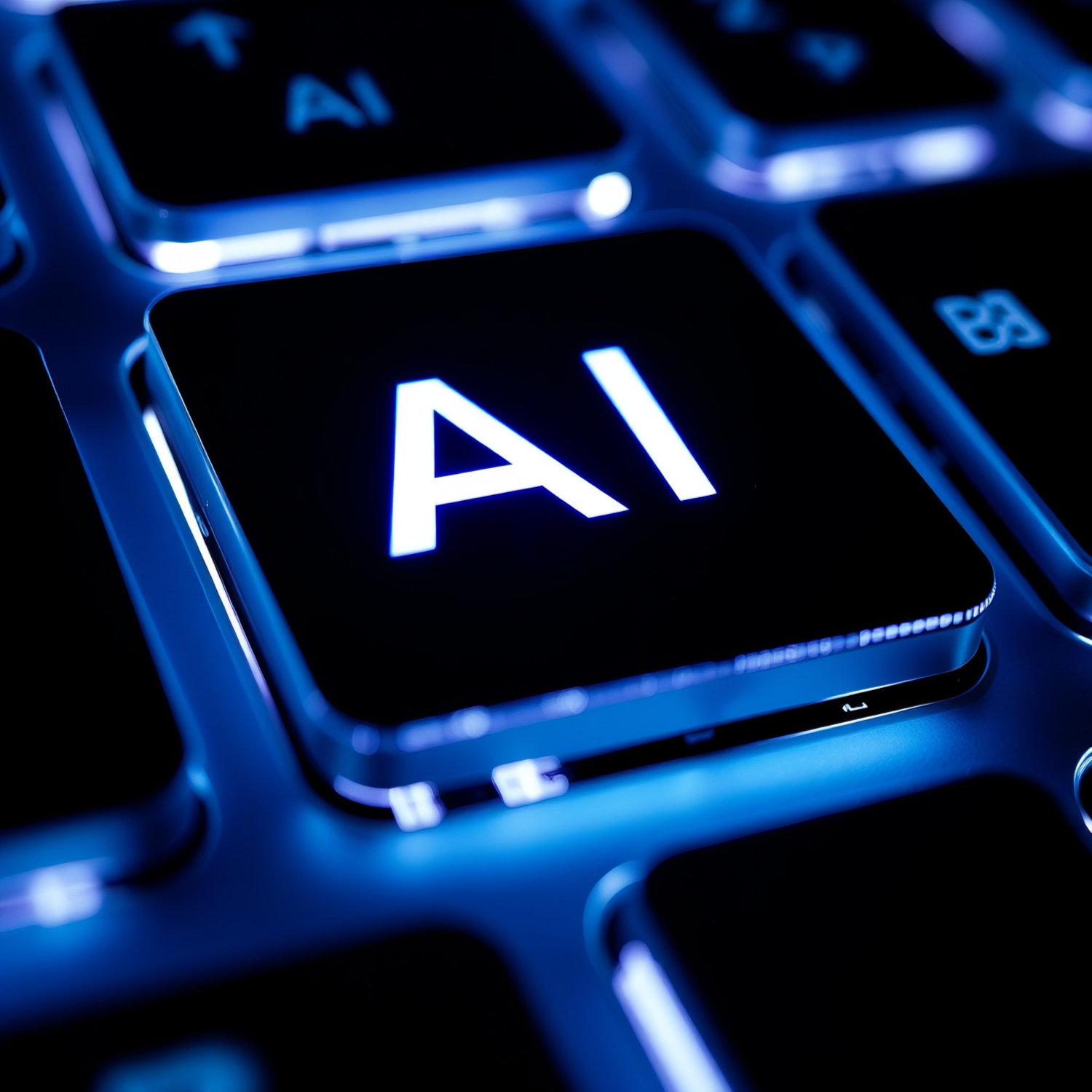 Closeup of a section of keyboard backlit in blue with a key with the letters AI