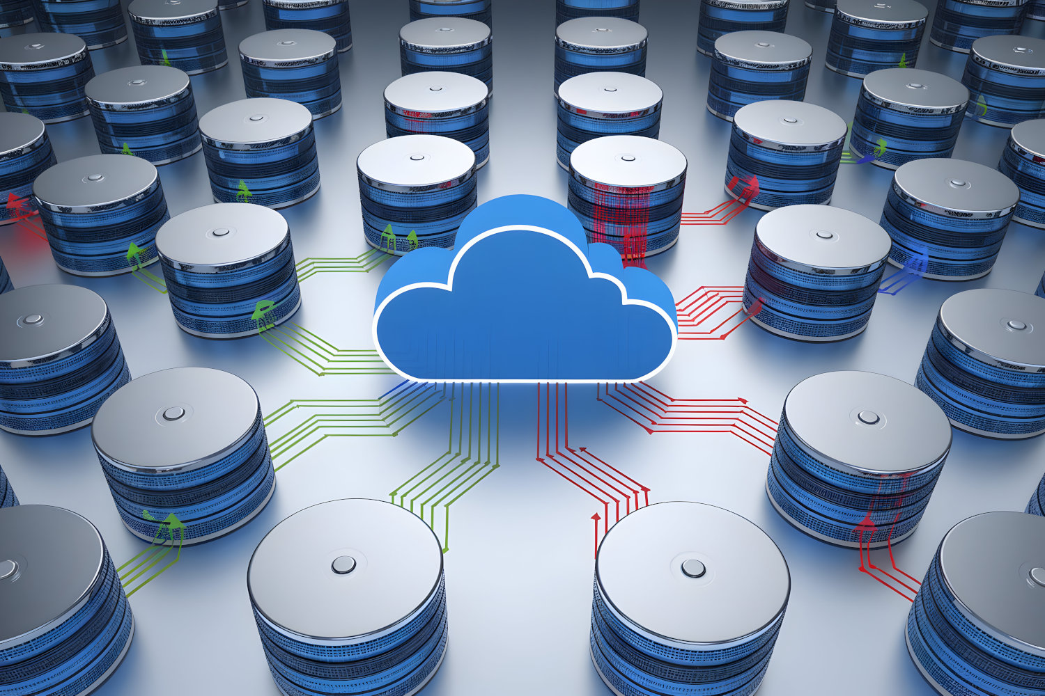 A cloud in the middle of a field of databases with lines going from the cloud to some of the databases