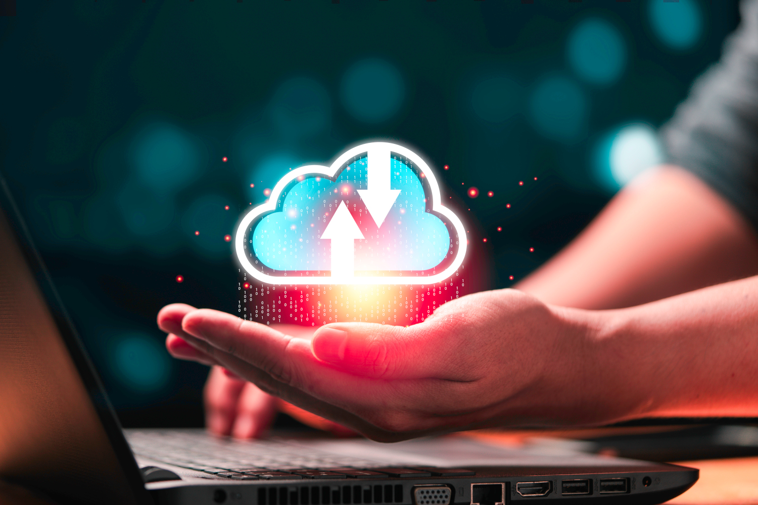 A hand holding an illustrated cloud with arrows representing data upload and download