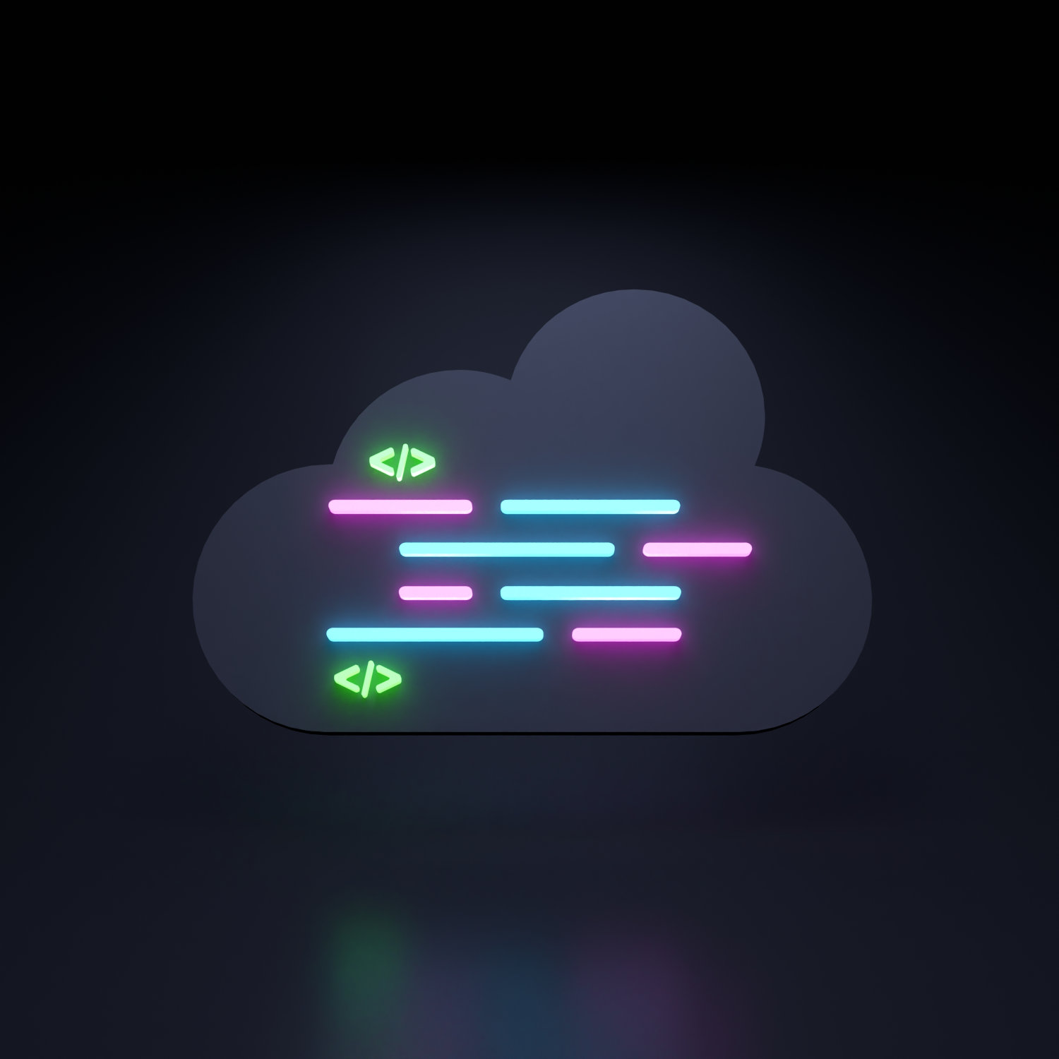 A cloud illustration with HTML tags and lines of color that represent code blocks