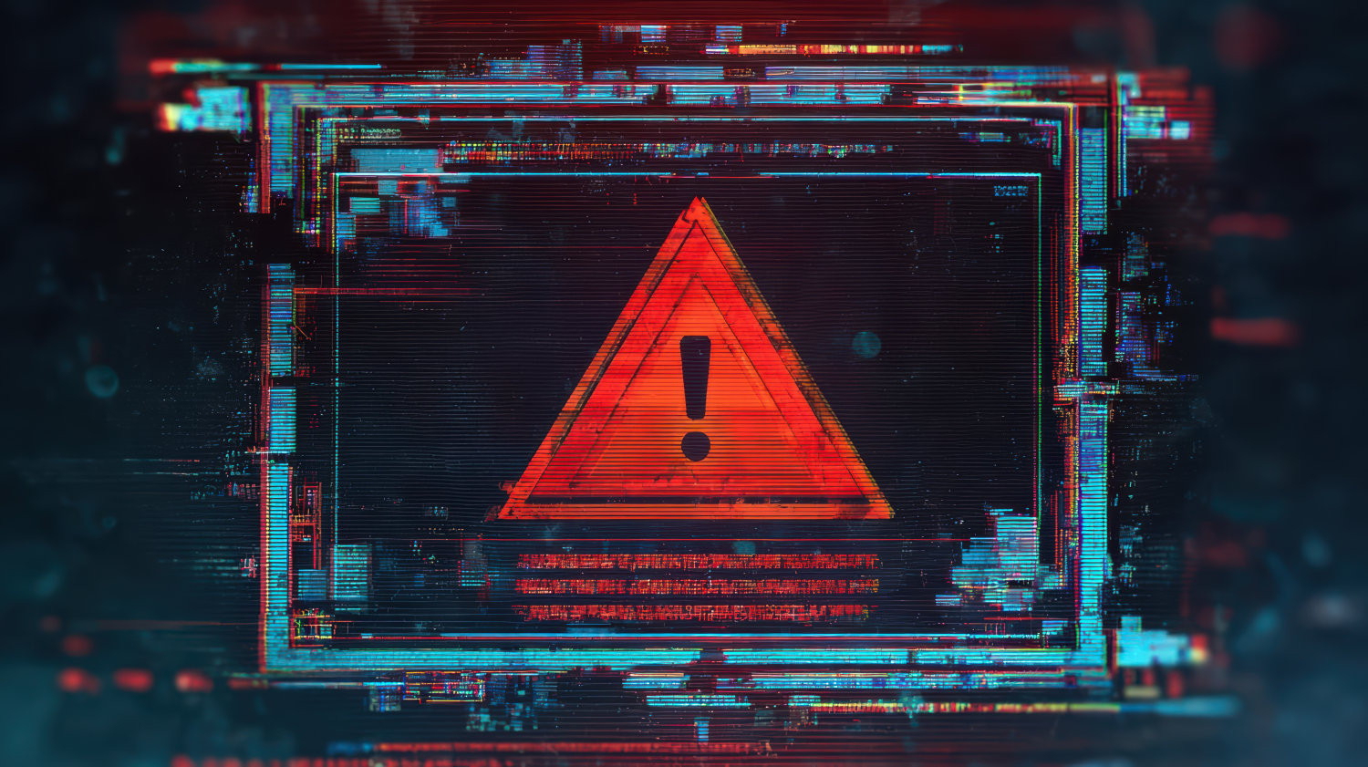 A red warning sign with glitches all around it representing the dangers of AI