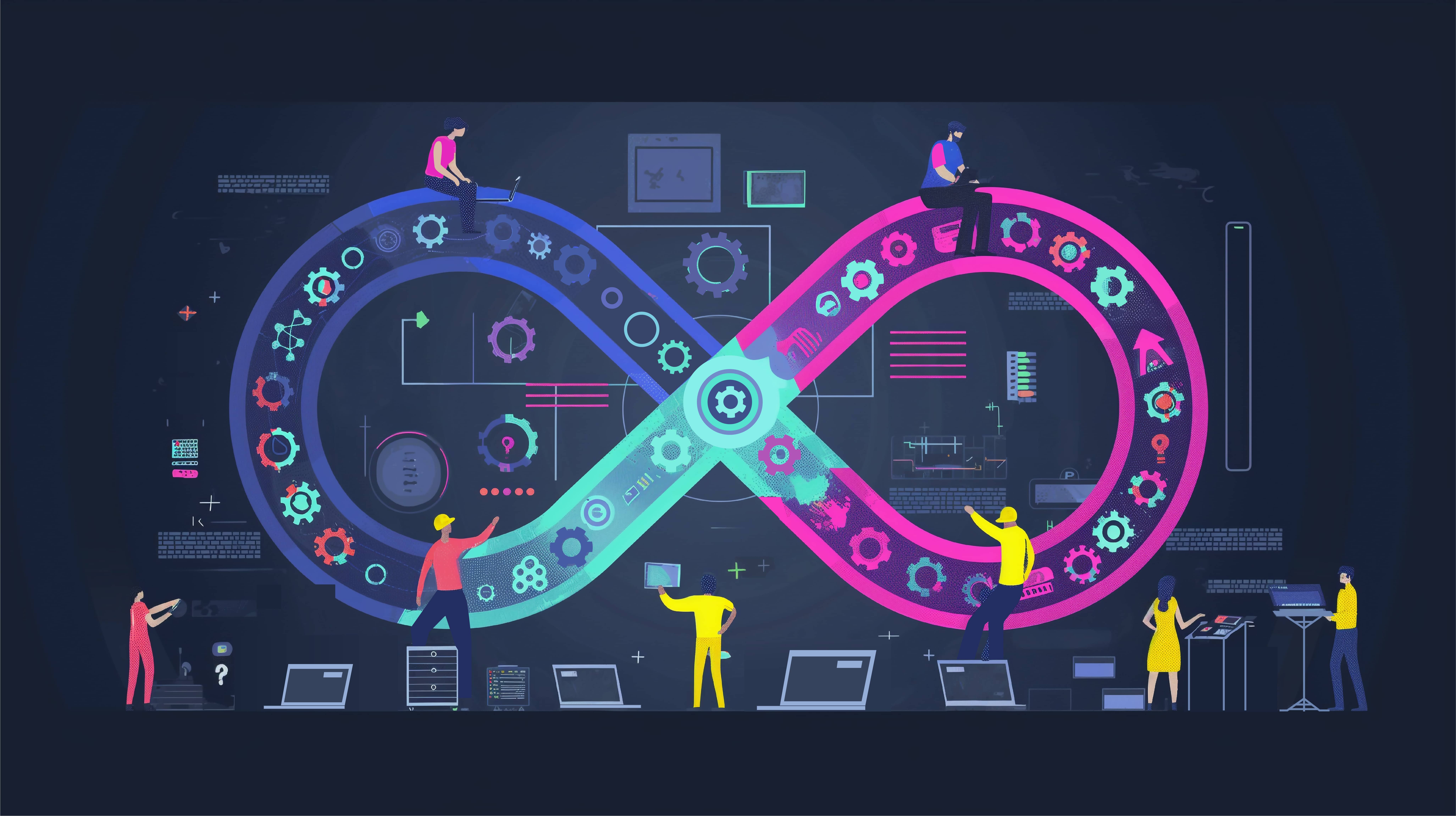 a team of animated workers with computers and constructions equipment around a devops logo