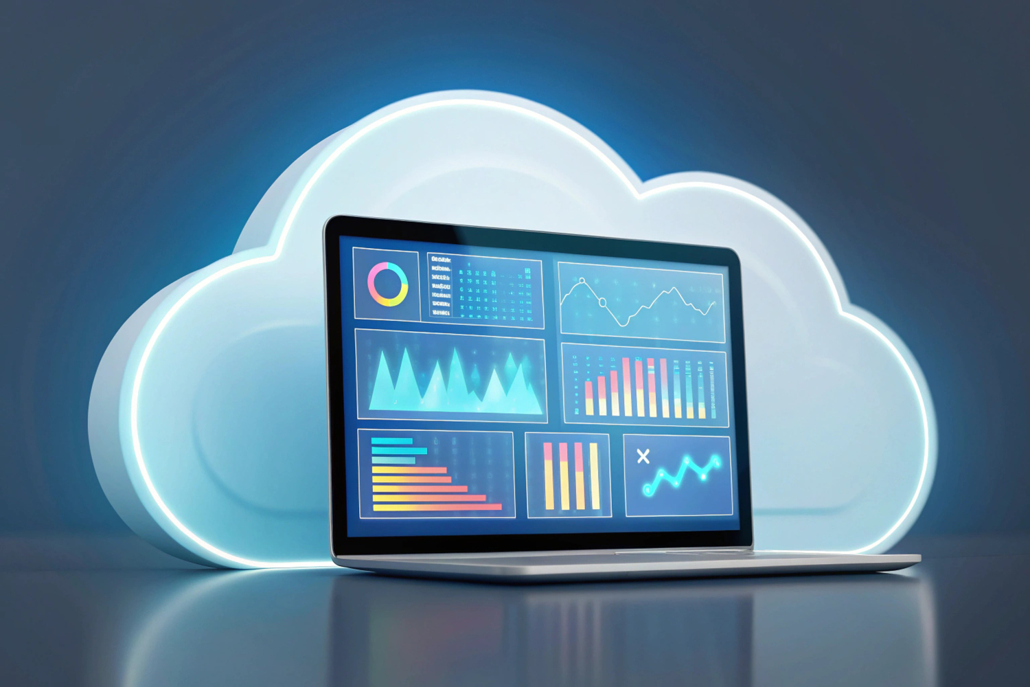 An illustration of a laptop with graphs on the screen in front of a cloud outline