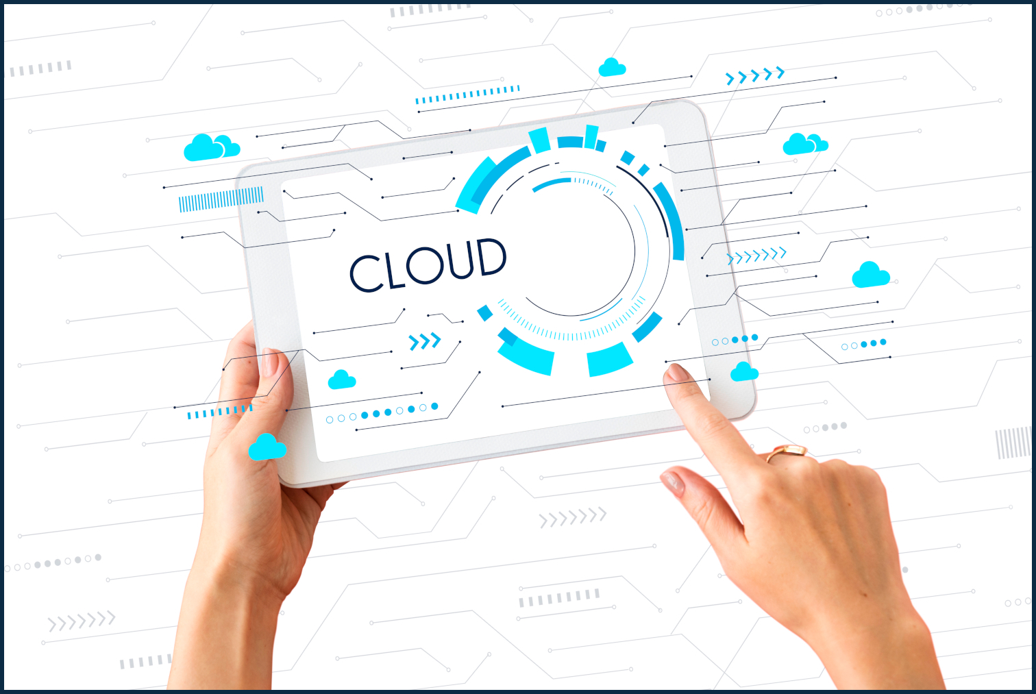 A womans hands holding a tablet with technical looking icons on it and the word cloud